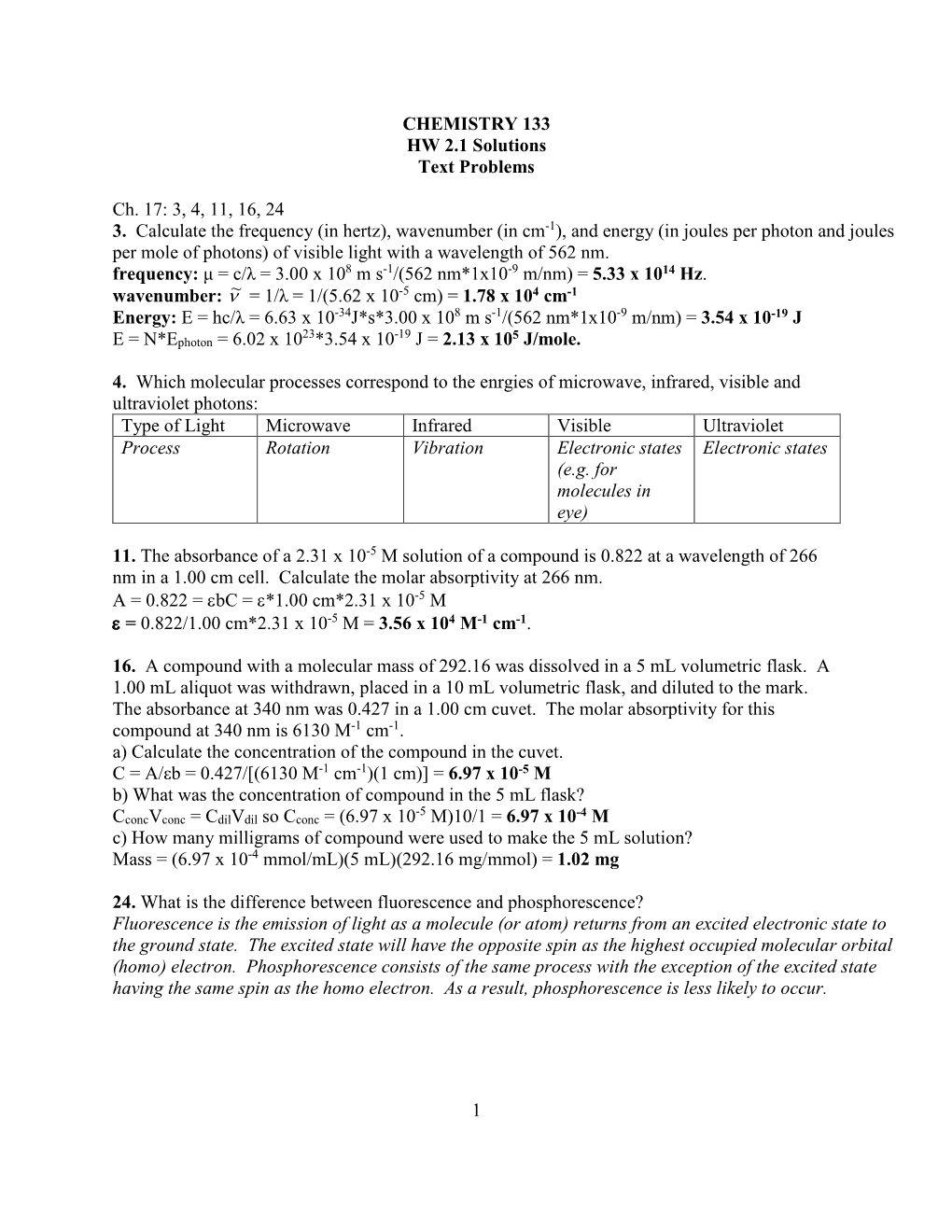 CHEMISTRY 133 HW 2.1 Solutions Text Problems