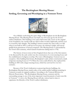 The Rockingham Meeting House: Settling, Governing and Worshiping in a Vermont Town