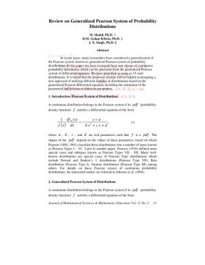 Review on Generalized Pearson System of Probability Distributions