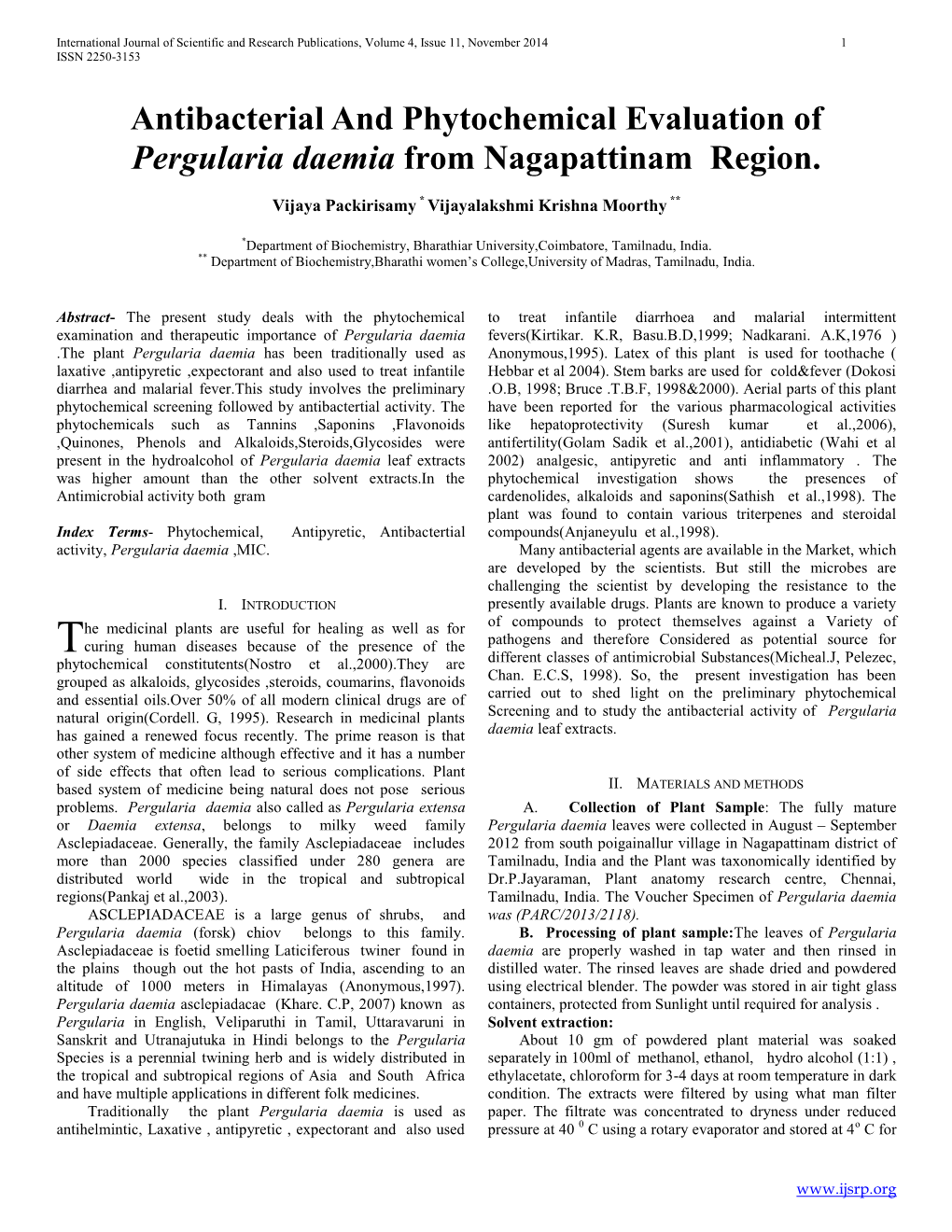 Antibacterial and Phytochemical Evaluation of Pergularia Daemia from Nagapattinam Region