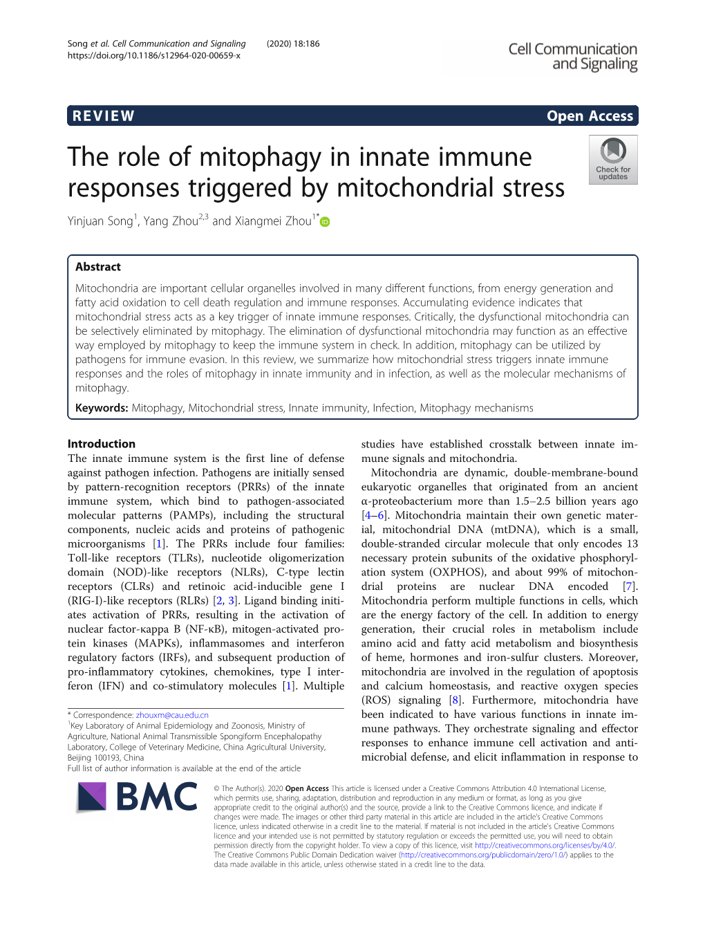 The Role of Mitophagy in Innate Immune Responses Triggered by Mitochondrial Stress Yinjuan Song1, Yang Zhou2,3 and Xiangmei Zhou1*