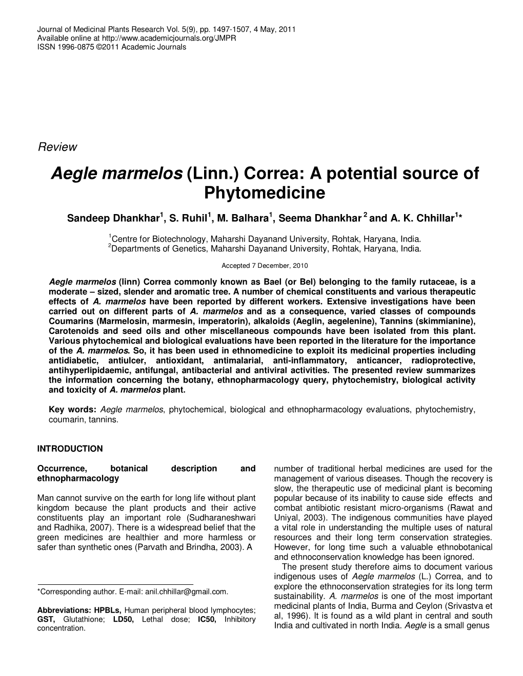 Aegle Marmelos (Linn.) Correa: a Potential Source of Phytomedicine