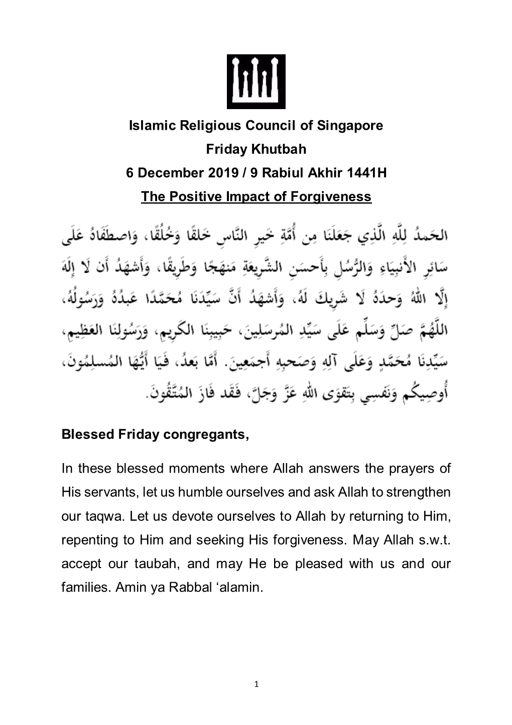 Islamic Religious Council of Singapore Friday Khutbah 6 December 2019 / 9 Rabiul Akhir 1441H the Positive Impact of Forgiveness