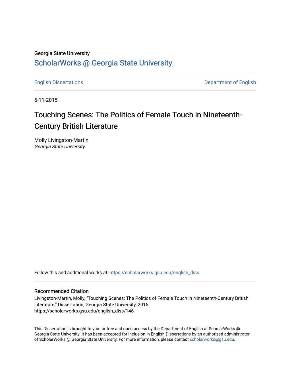 The Politics of Female Touch in Nineteenth-Century British Literature." Dissertation, Georgia State University, 2015