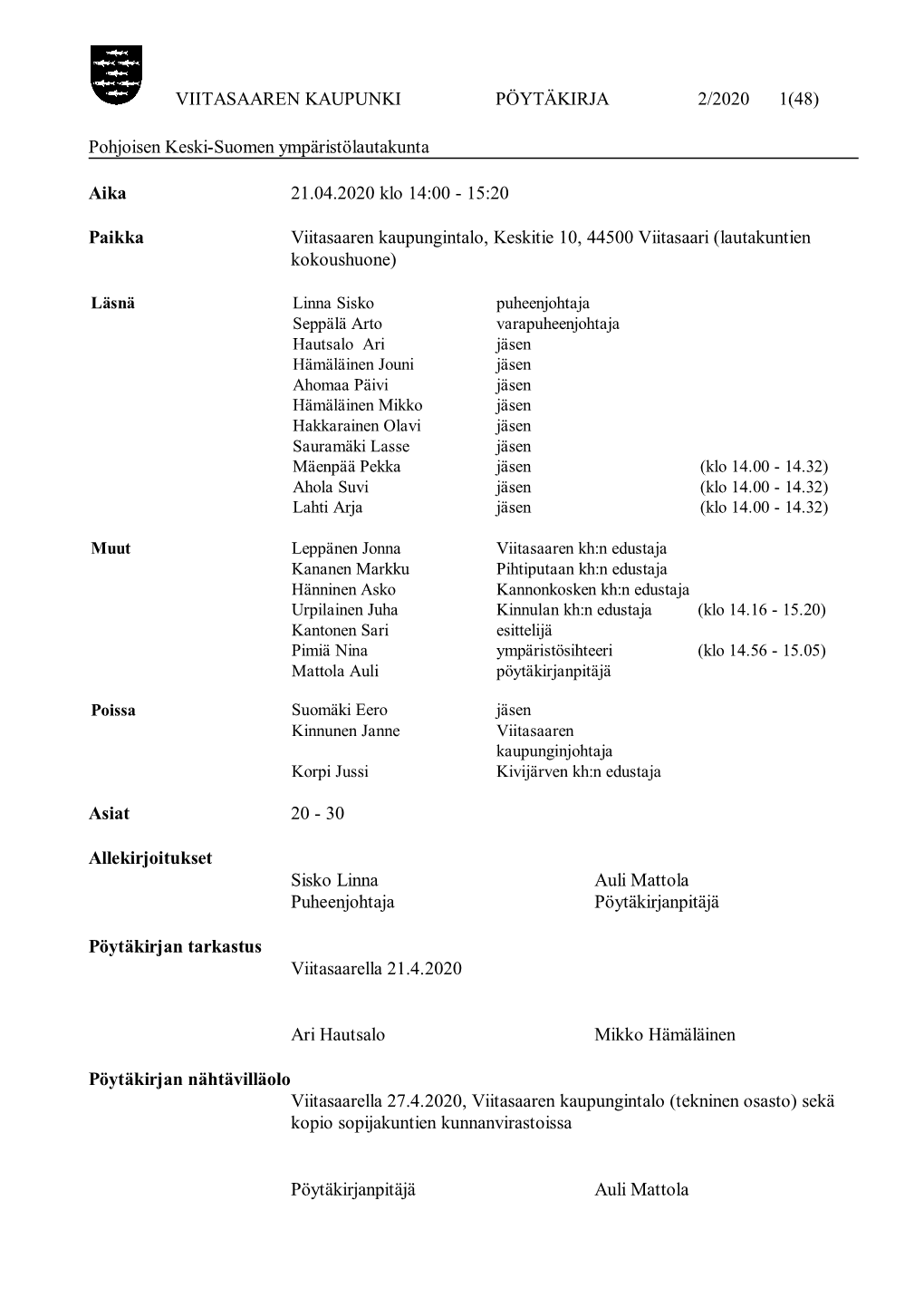 Viitasaaren Kaupunki Pöytäkirja 2/2020 1(48)