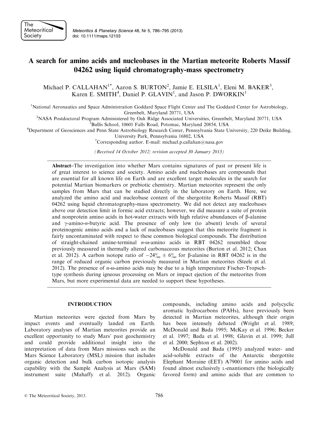 A Search for Amino Acids and Nucleobases in the Martian Meteorite Roberts Massif 04262 Using Liquid Chromatography-Mass Spectrometry