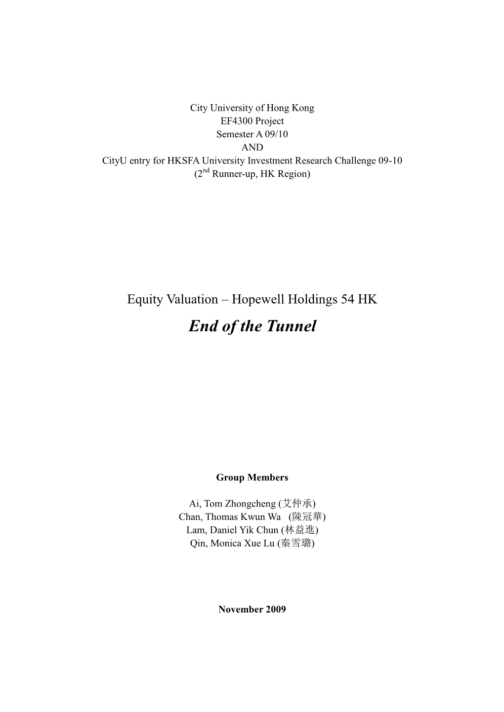 Equity Valuation—Hopewell Holdings 54 HK: End of the Tunnel