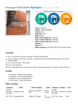 Giuseppe Verdi Otello Highlights Mp3, Flac, Wma
