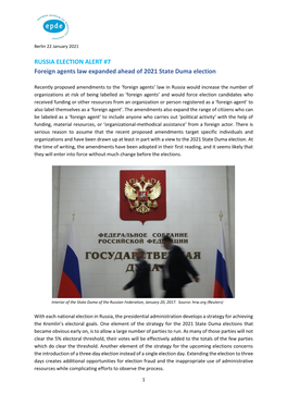 RUSSIA ELECTION ALERT #7 Foreign Agents Law Expanded Ahead of 2021 State Duma Election