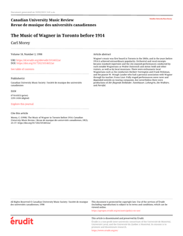 The Music of Wagner in Toronto Before 1914 Carl Morey
