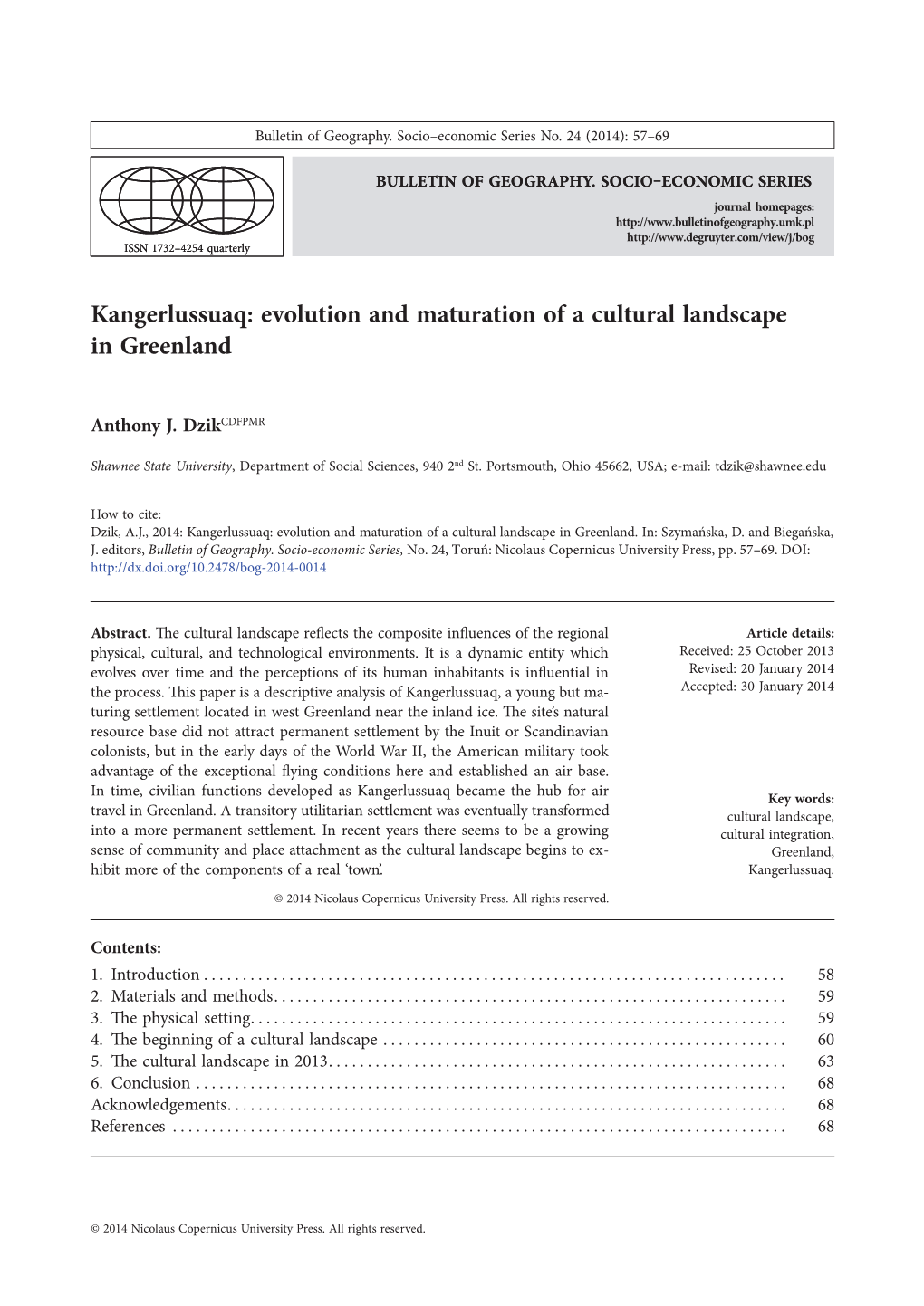 Kangerlussuaq: Evolution and Maturation of a Cultural Landscape in Greenland