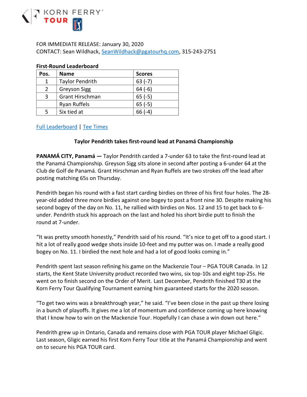 FOR IMMEDIATE RELEASE: January 30, 2020 CONTACT: Sean Wildhack, Seanwildhack@Pgatourhq.Com, 315-243-2751