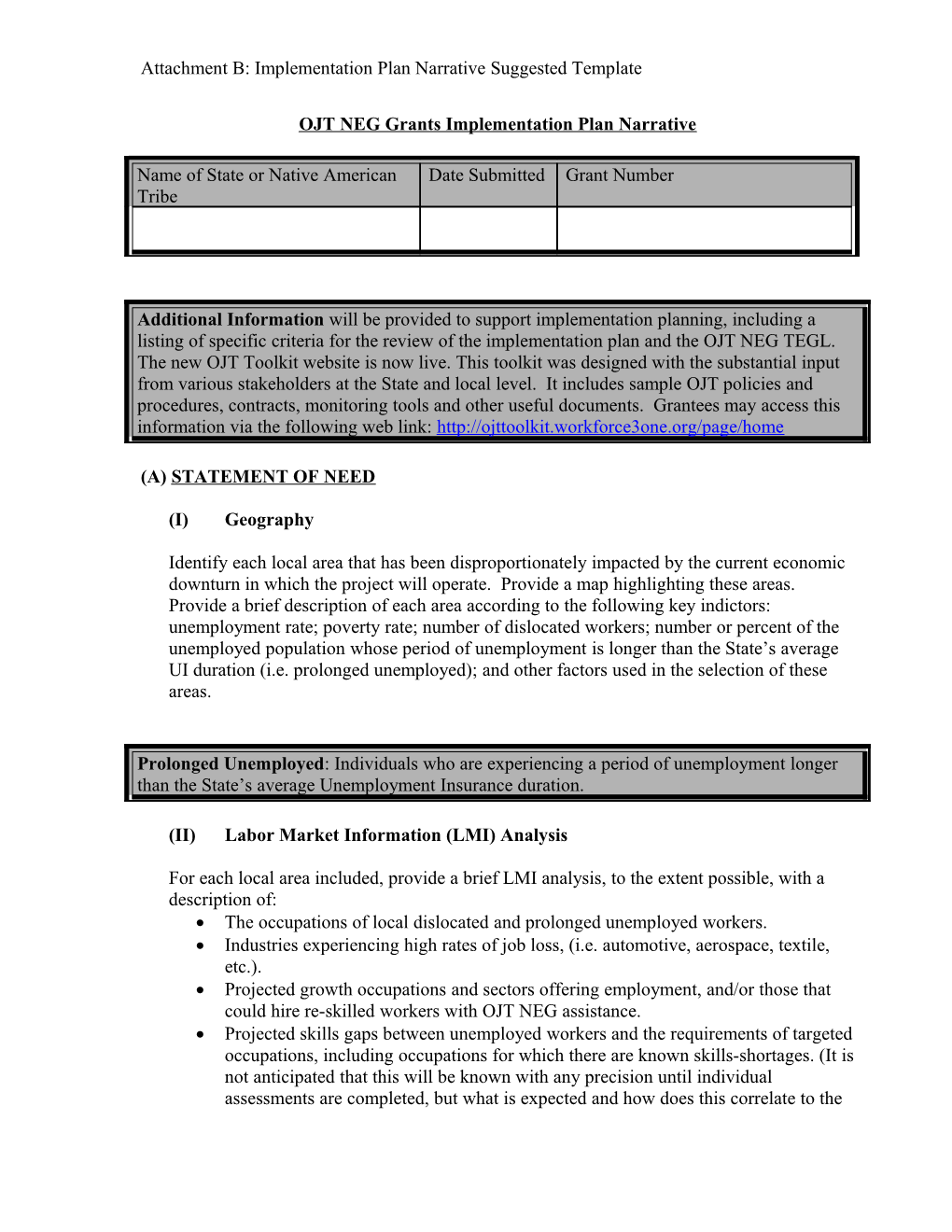 OJT NEG Grantee Implementation Plan