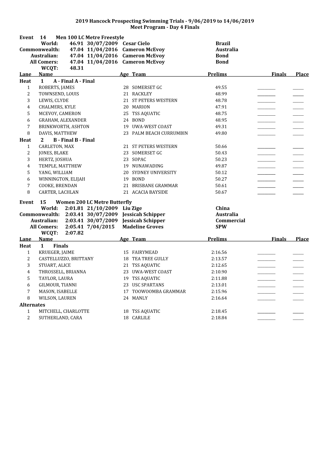 Day 4 Finals Event 14 Men 100 LC Metre Free