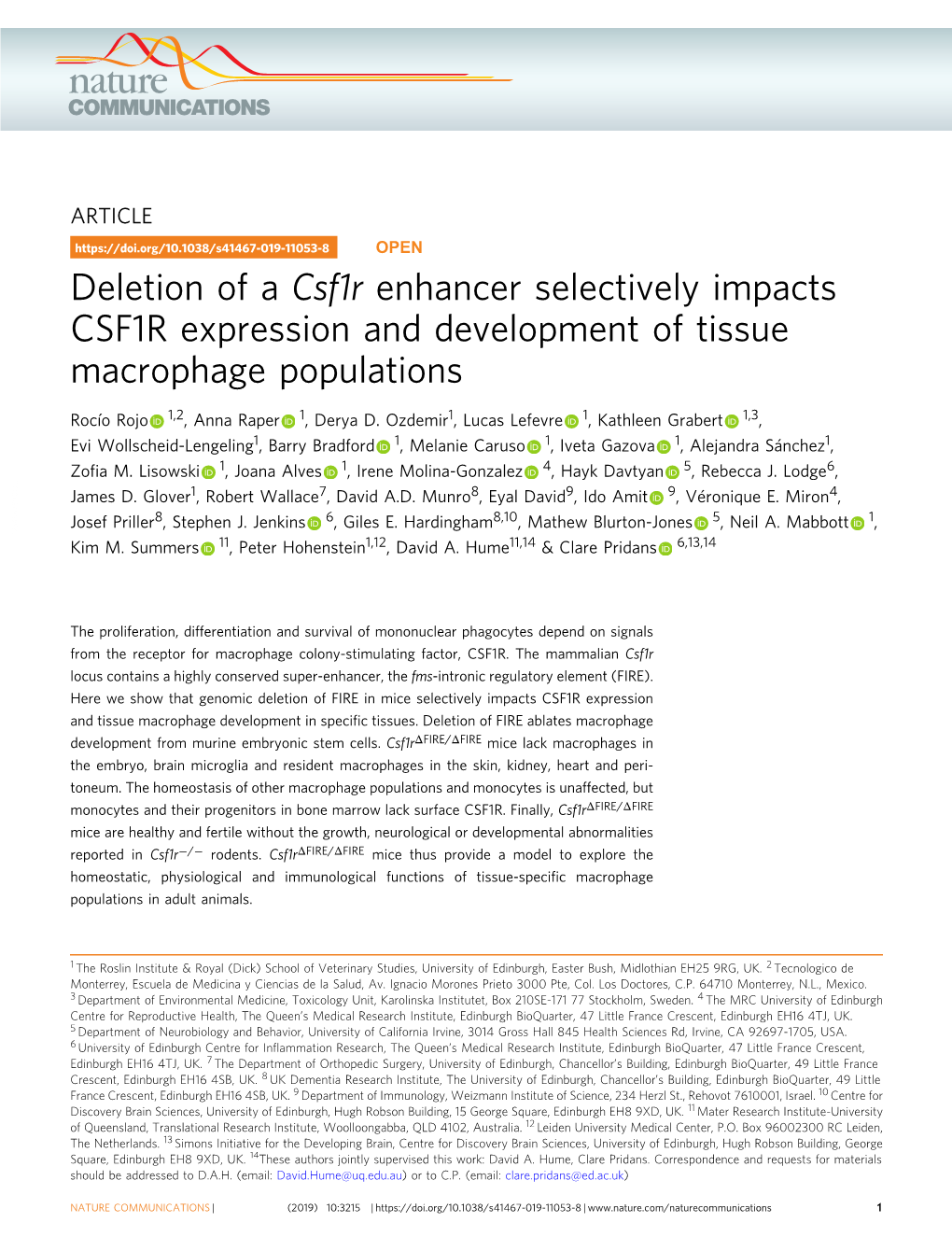 Deletion of a Csf1r Enhancer Selectively Impacts CSF1R Expression and Development of Tissue Macrophage Populations