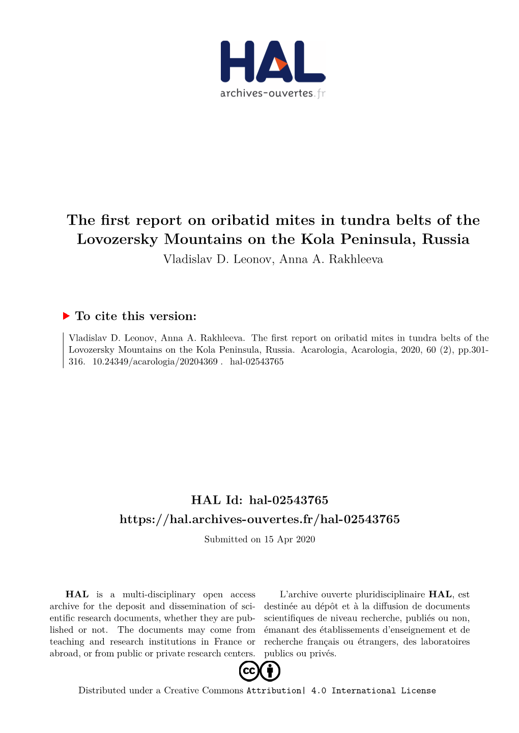 The First Report on Oribatid Mites in Tundra Belts of the Lovozersky Mountains on the Kola Peninsula, Russia