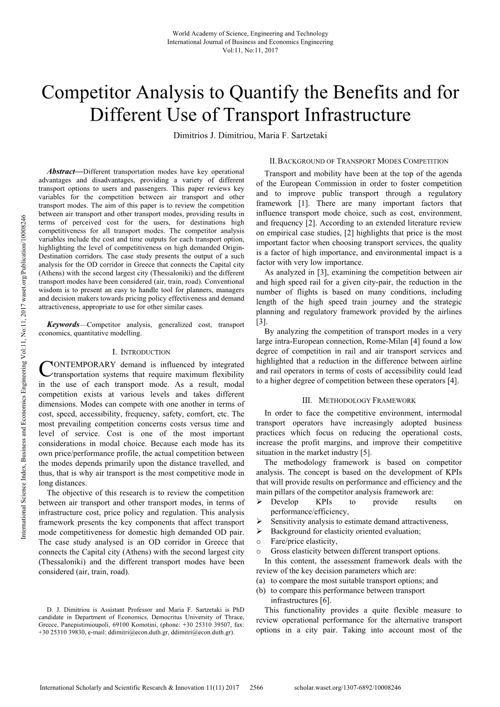 Competitor Analysis to Quantify the Benefits and for Different Use of Transport Infrastructure Dimitrios J