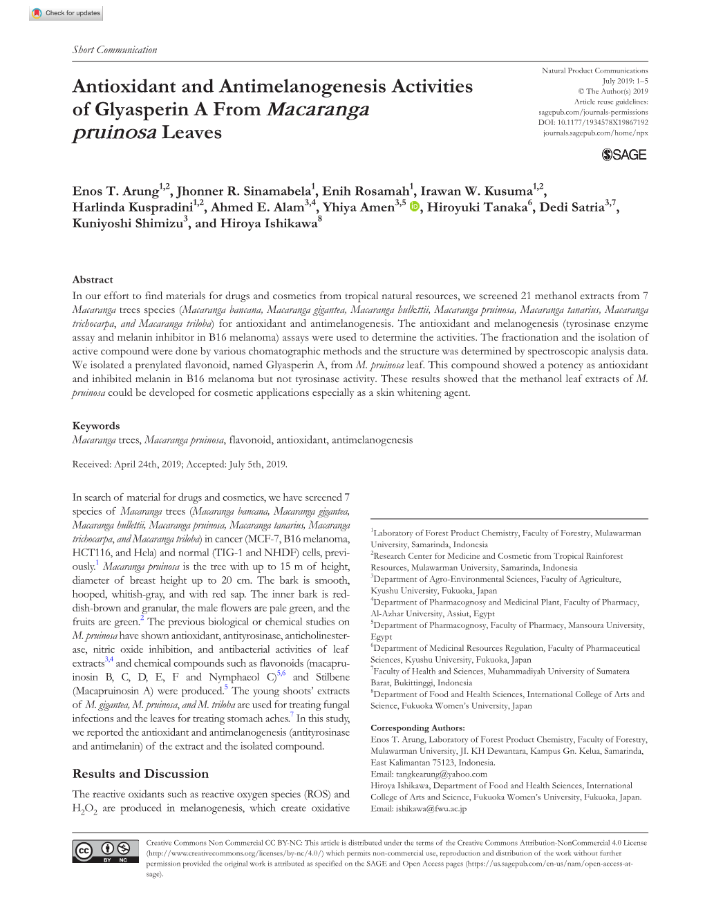 Antioxidant and Antimelanogenesis Activities of Glyasperin a From