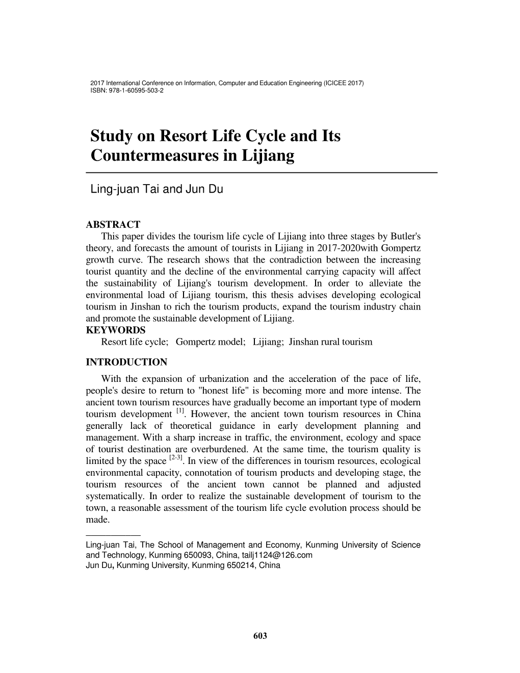 Study on Resort Life Cycle and Its Countermeasures in Lijiang