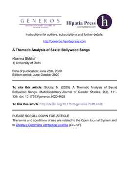 A Thematic Analysis of Sexist Bollywood Songs Nasrina Siddiqi1