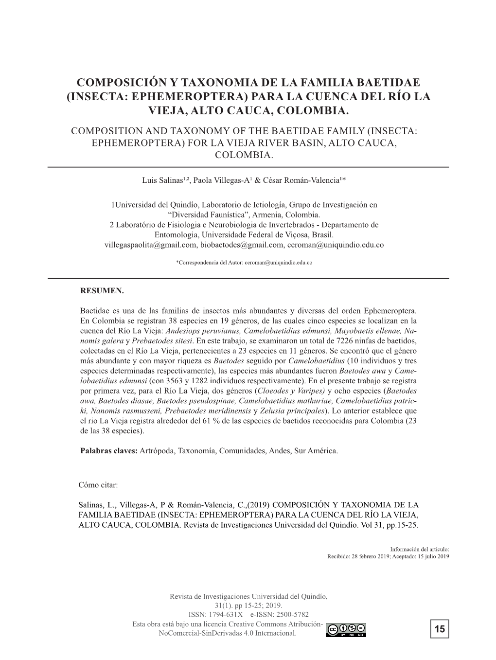 Composición Y Taxonomia De La Familia Baetidae (Insecta: Ephemeroptera) Para La Cuenca Del Río La Vieja, Alto Cauca, Colombia