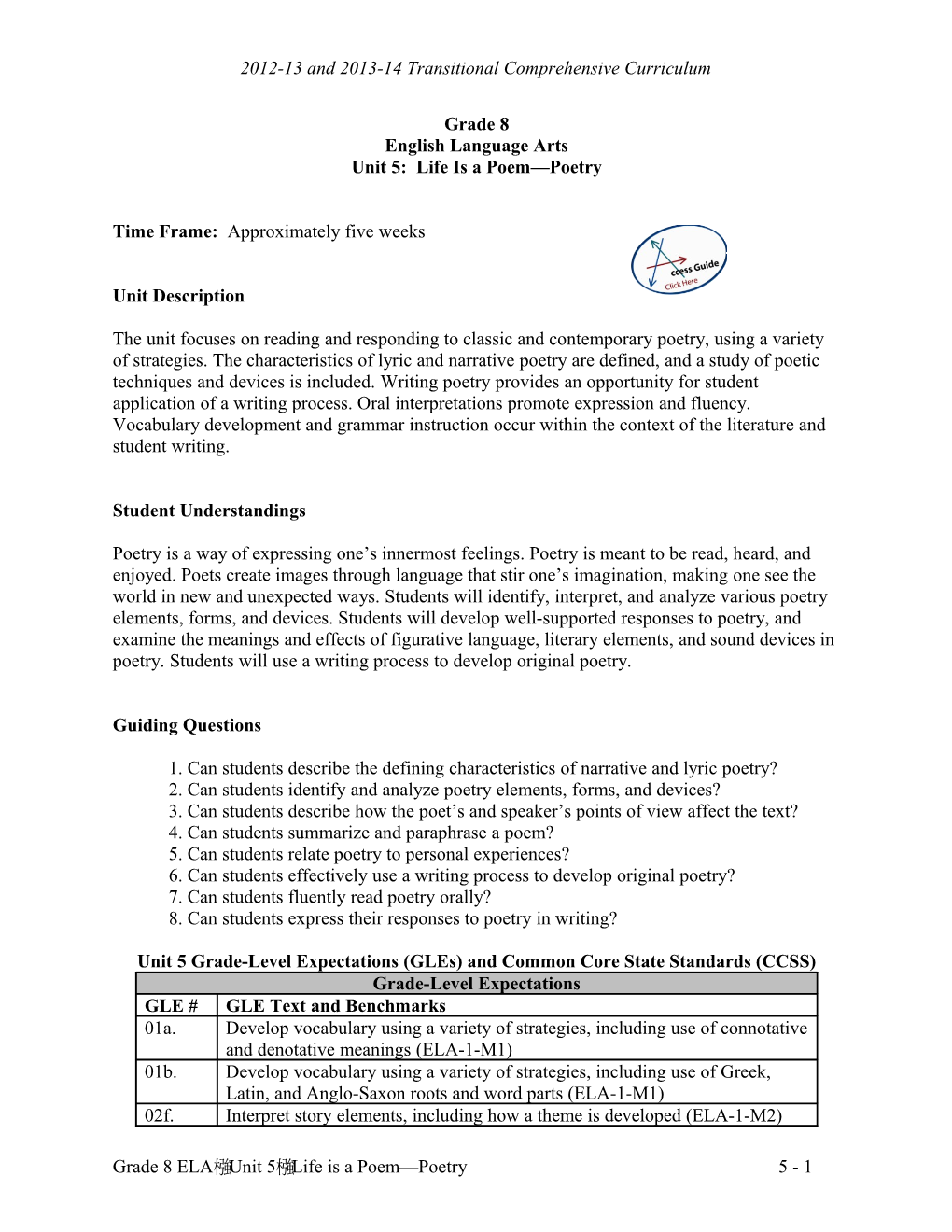 2012-13 and 2013-14 Transitional Comprehensive Curriculum