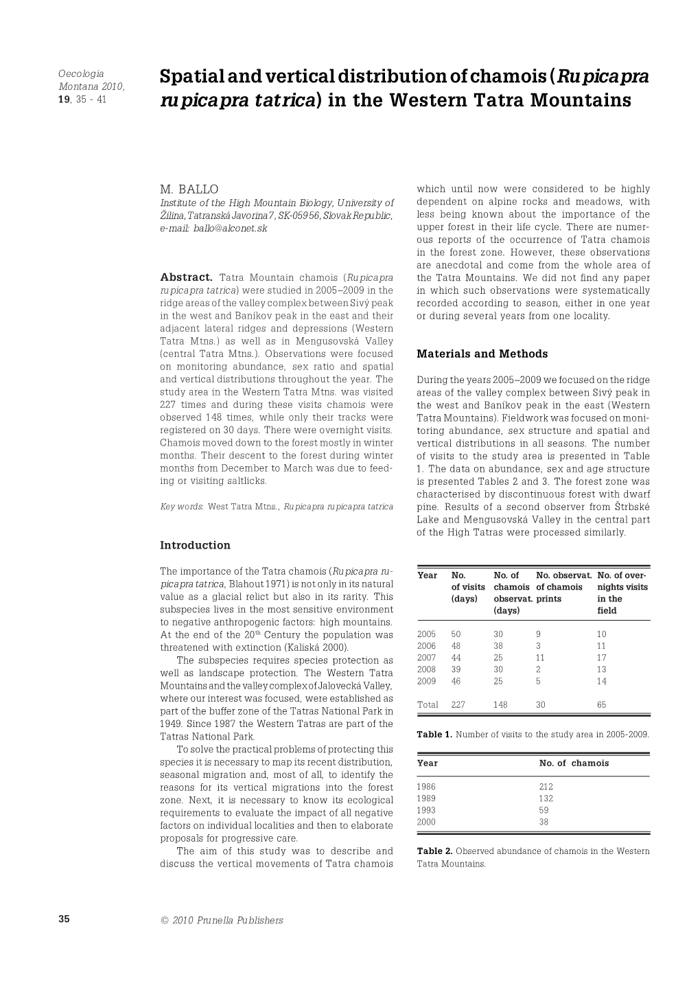 Spatial and Vertical Distribution of Chamois (Rupicapra Rupicapra Tatrica) in the Western Tatra Mountains