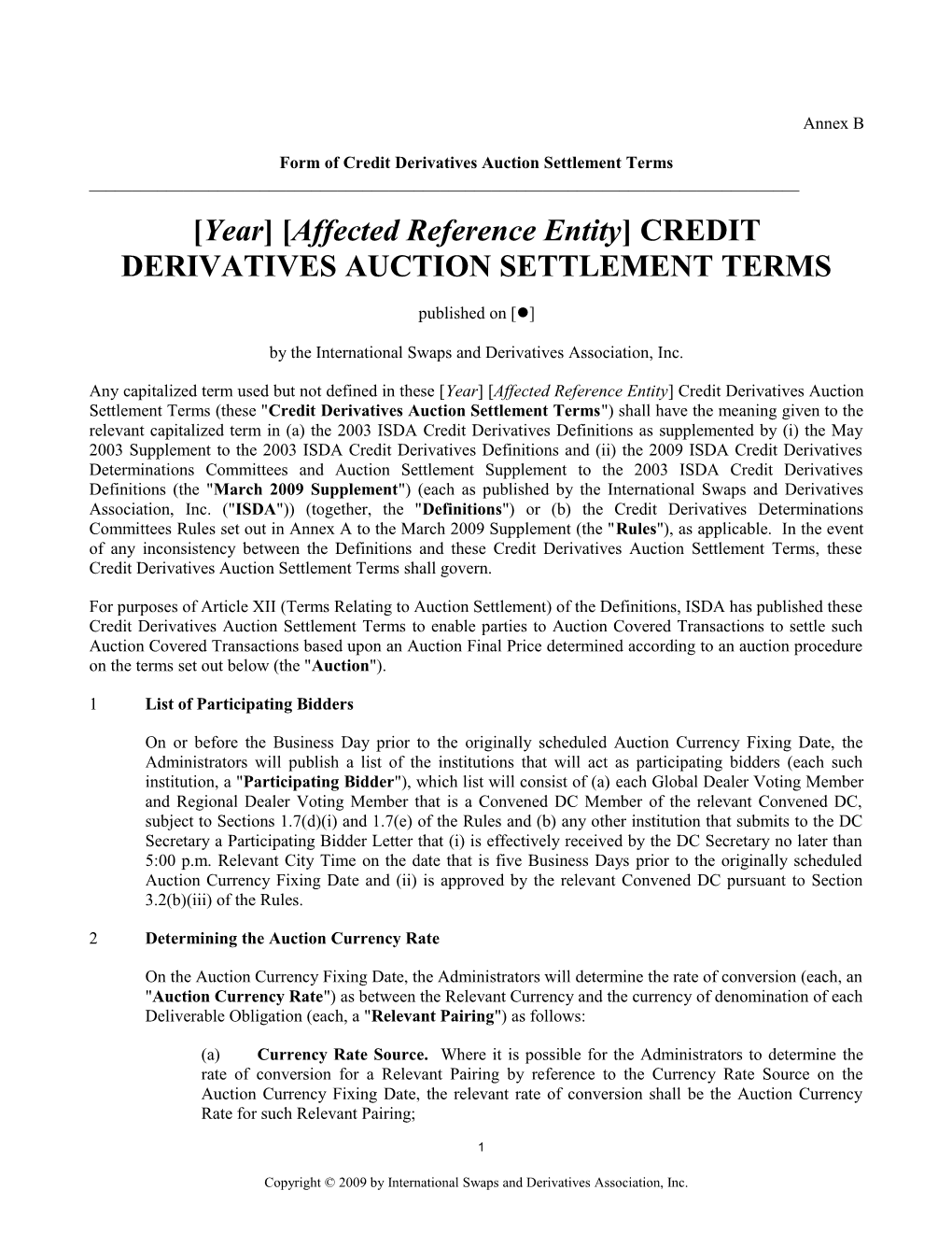 Form of Credit Derivatives Auction Settlement Terms