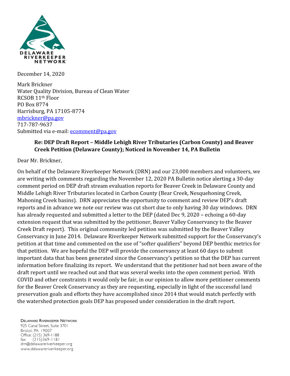 DRN Ltr Middle Lehigh, Beaver Creek DEP Draft Report