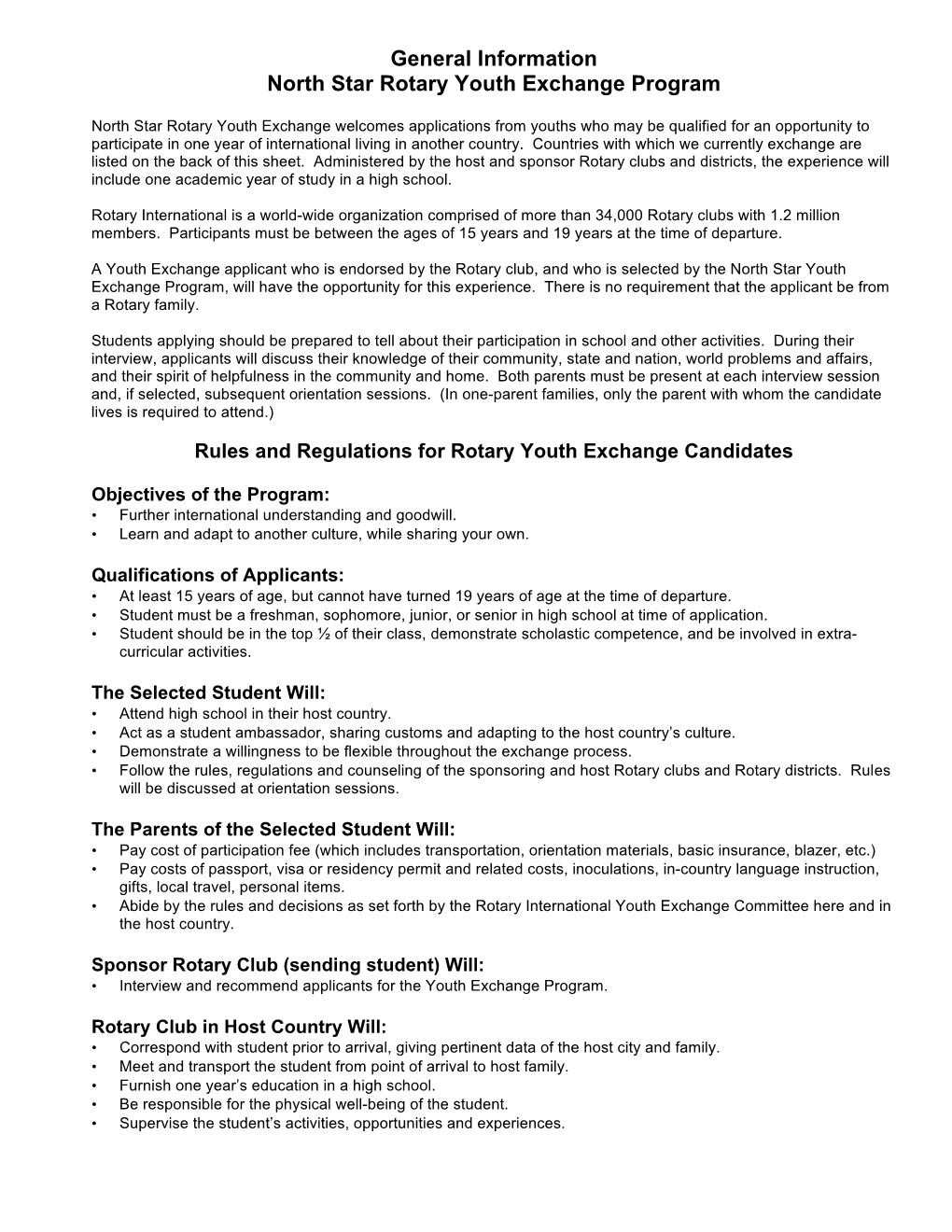 General Information North Star Rotary Youth Exchange Program