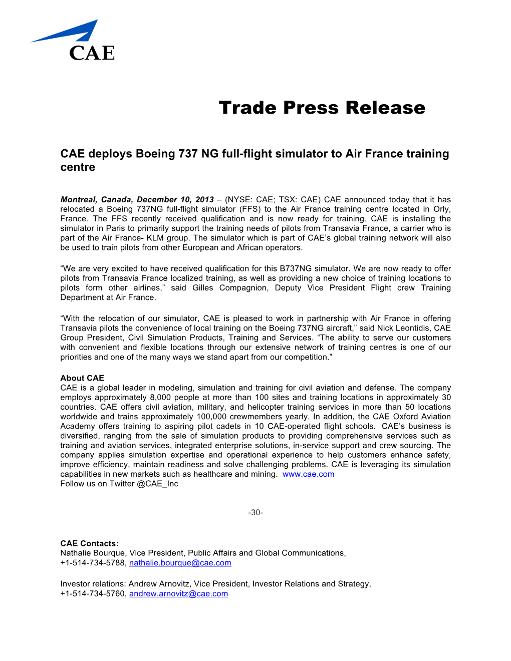 Trade Press Release