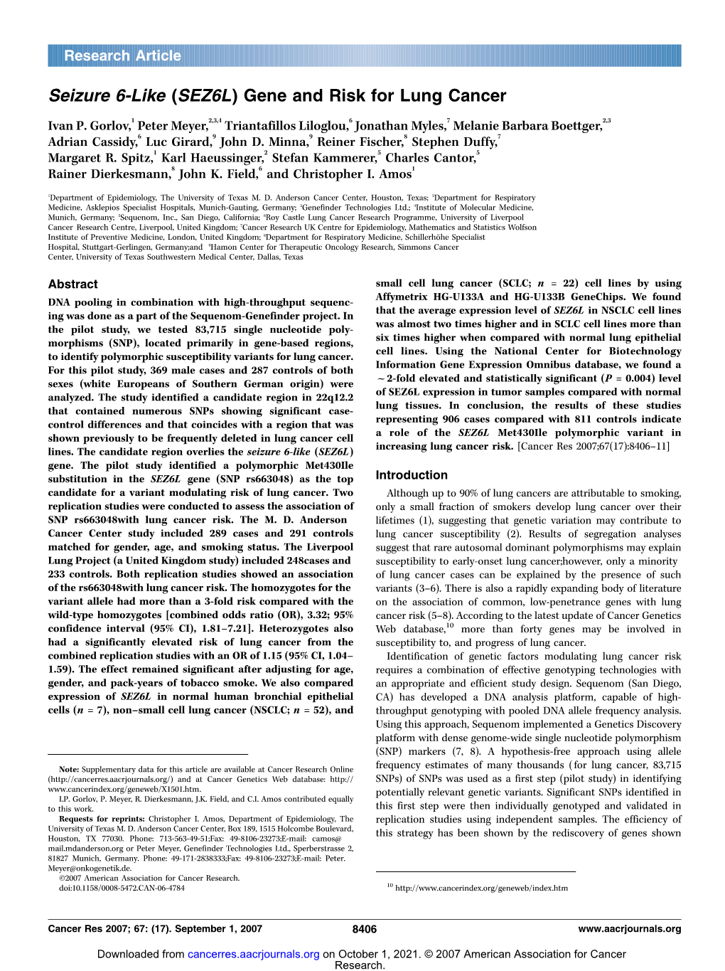 Seizure 6-Like (SEZ6L) Gene and Risk for Lung Cancer