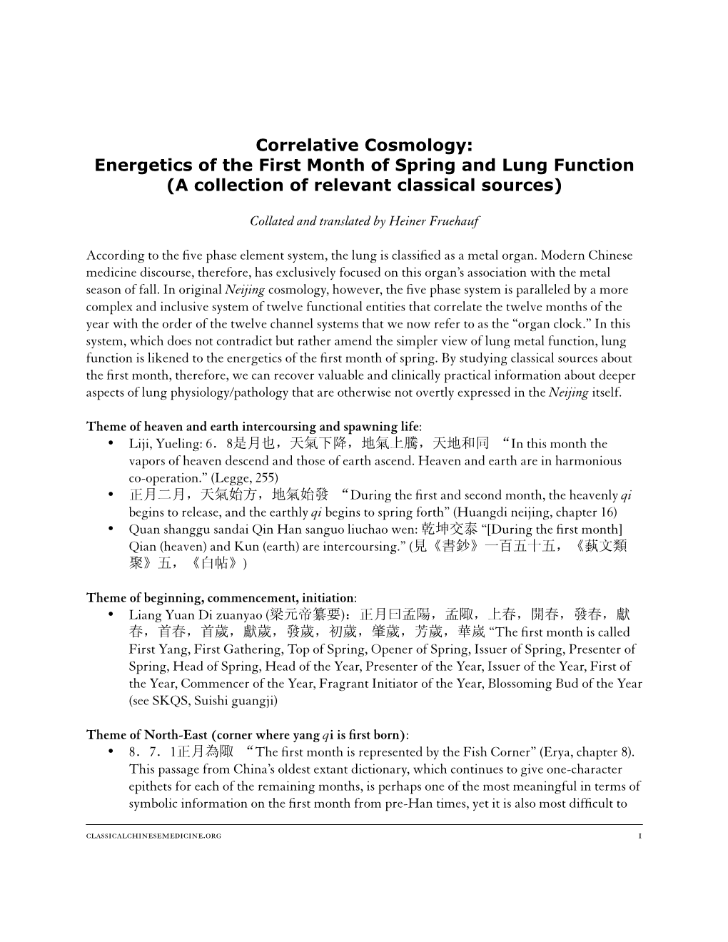 Correlative Cosmology: Energetics of the First Month of Spring and Lung Function (A Collection of Relevant Classical Sources)