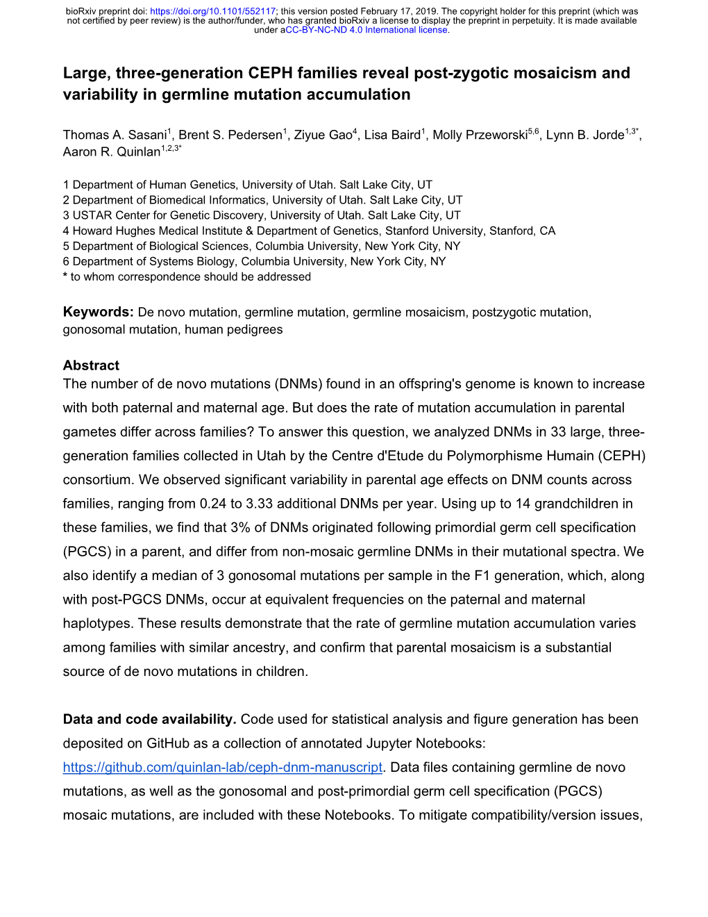 Large, Three-Generation CEPH Families Reveal Post-Zygotic Mosaicism and Variability in Germline Mutation Accumulation