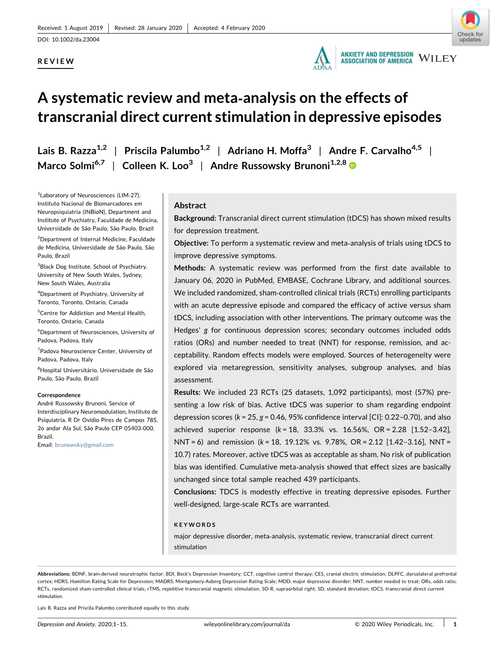 A Systematic Review and Meta‐Analysis on the Effects of Transcranial Direct Current Stimulation in Depressive Episodes