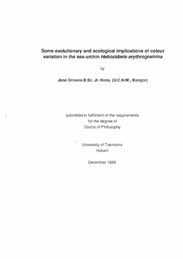 Some Evolutionary and Ecological Implications of Colour Variation in the Sea Urchin Heliocidaris Erythrogramma