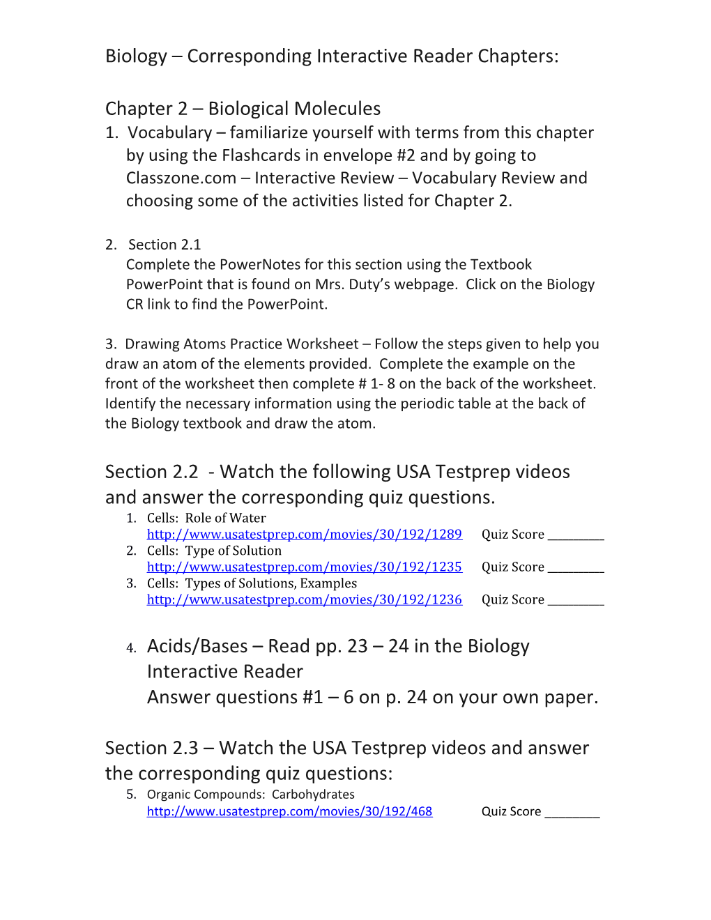 Biology Corresponding Interactive Reader Chapters