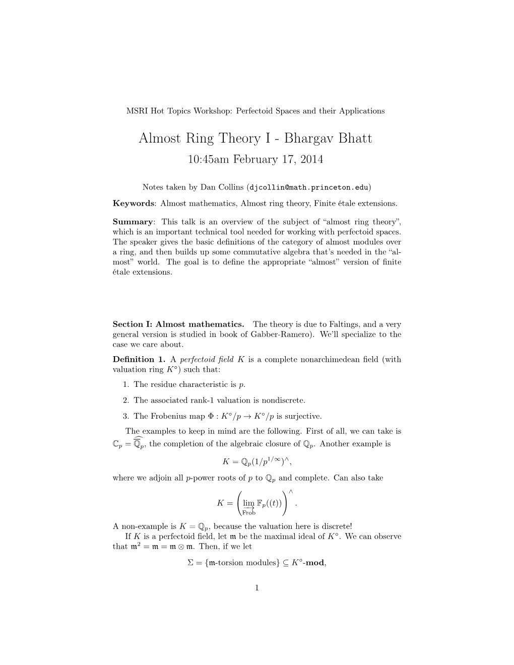 Almost Ring Theory I - Bhargav Bhatt 10:45Am February 17, 2014