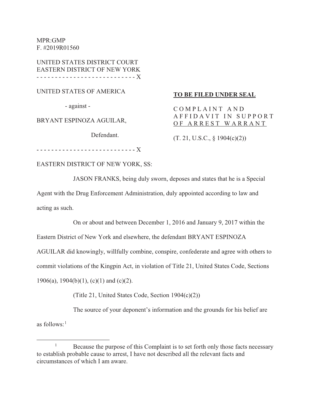 Mpr:Gmp F. #2019R01560 United States District Court Eastern District of New York