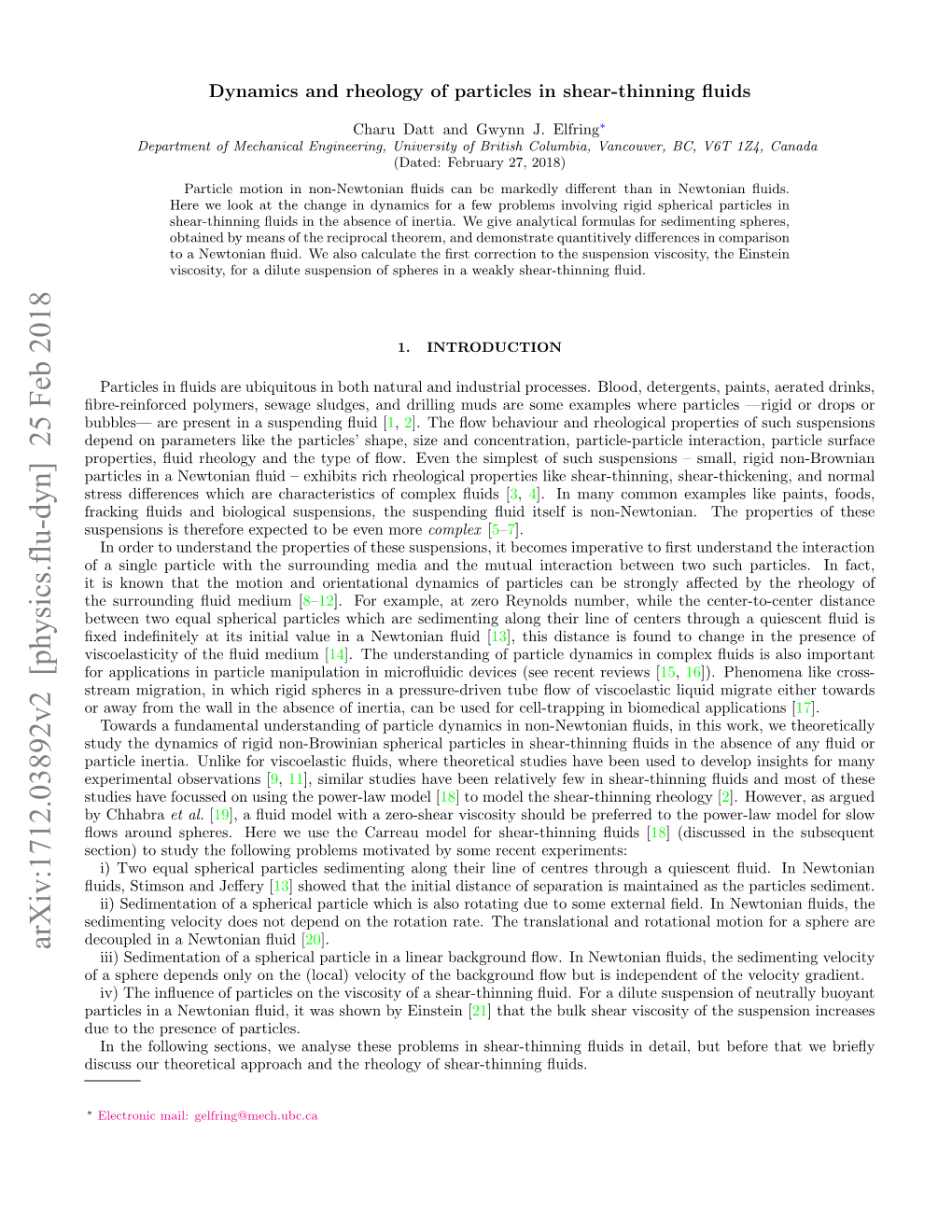 Arxiv:1712.03892V2 [Physics.Flu-Dyn] 25 Feb 2018 Iii) Sedimentation of a Spherical Particle in a Linear Background ﬂow