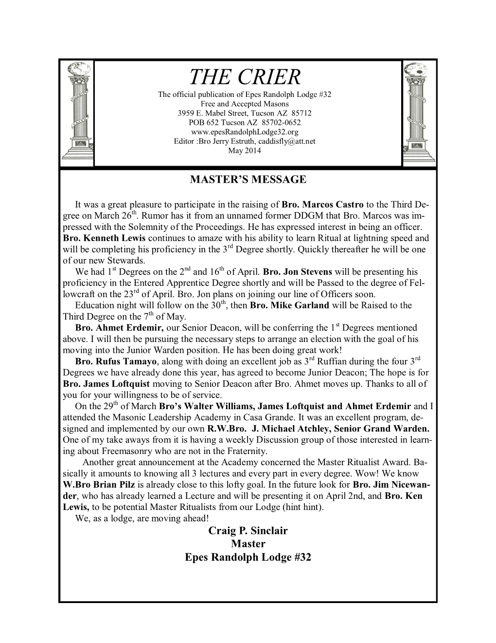 THE CRIER the Official Publication of Epes Randolph Lodge #32 Free and Accepted Masons 3959 E