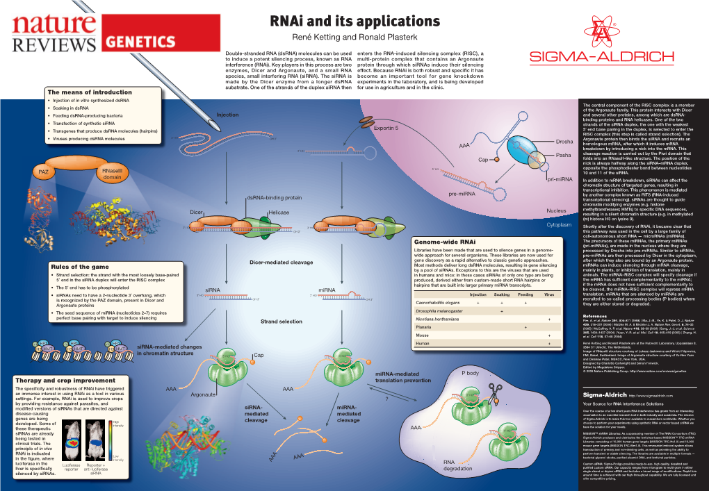 Rnai and Its Applications René Ketting and Ronald Plasterk
