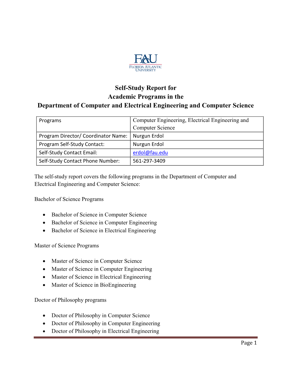 Self-Study Report for Academic Programs in the Department of Computer and Electrical Engineering and Computer Science