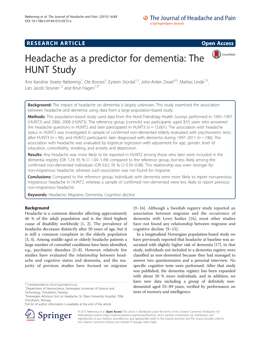 Headache As a Predictor for Dementia: the HUNT Study