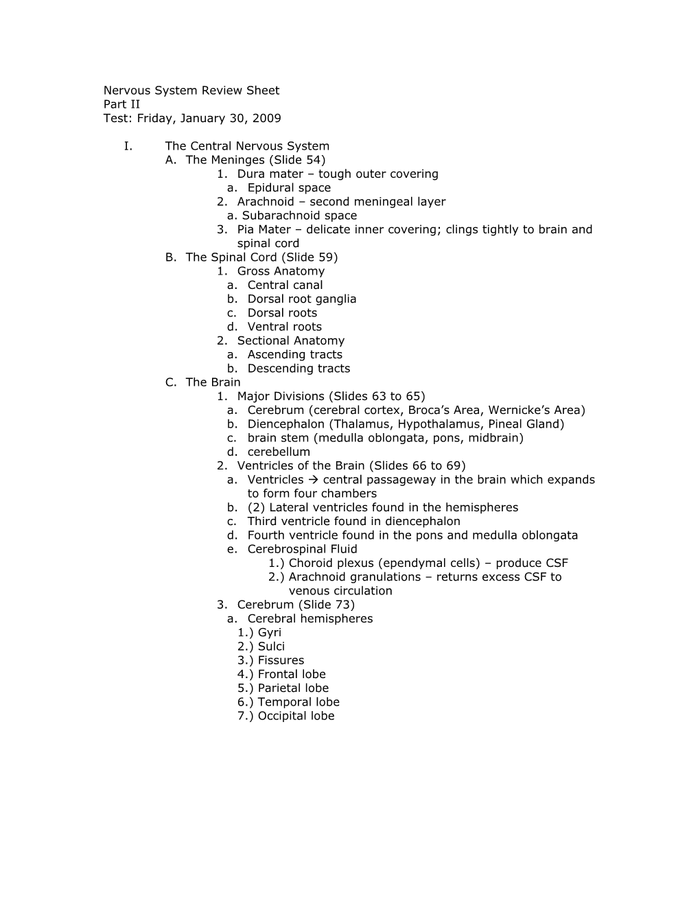 Nervous System Review Sheet