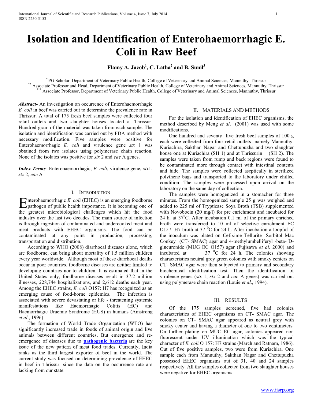 Isolation and Identification of Enterohaemorrhagic E. Coli in Raw Beef
