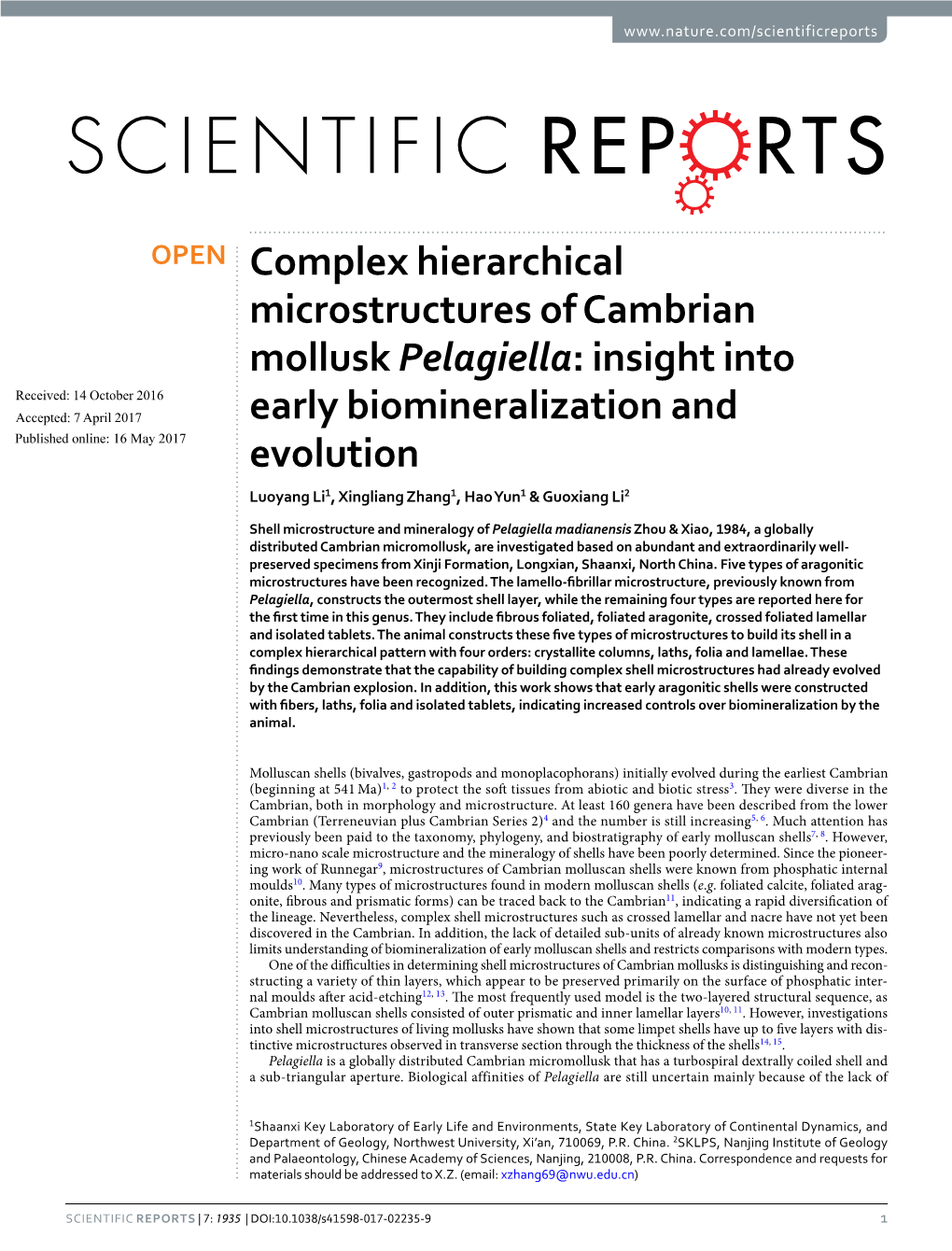 Complex Hierarchical Microstructures of Cambrian Mollusk Pelagiella