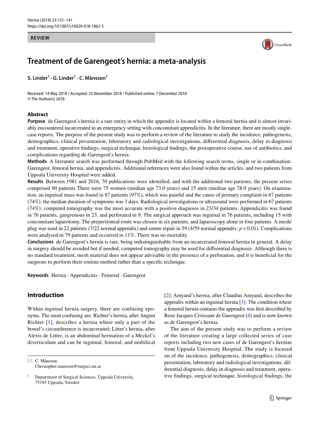 Treatment of De Garengeot's Hernia: a Meta-Analysis