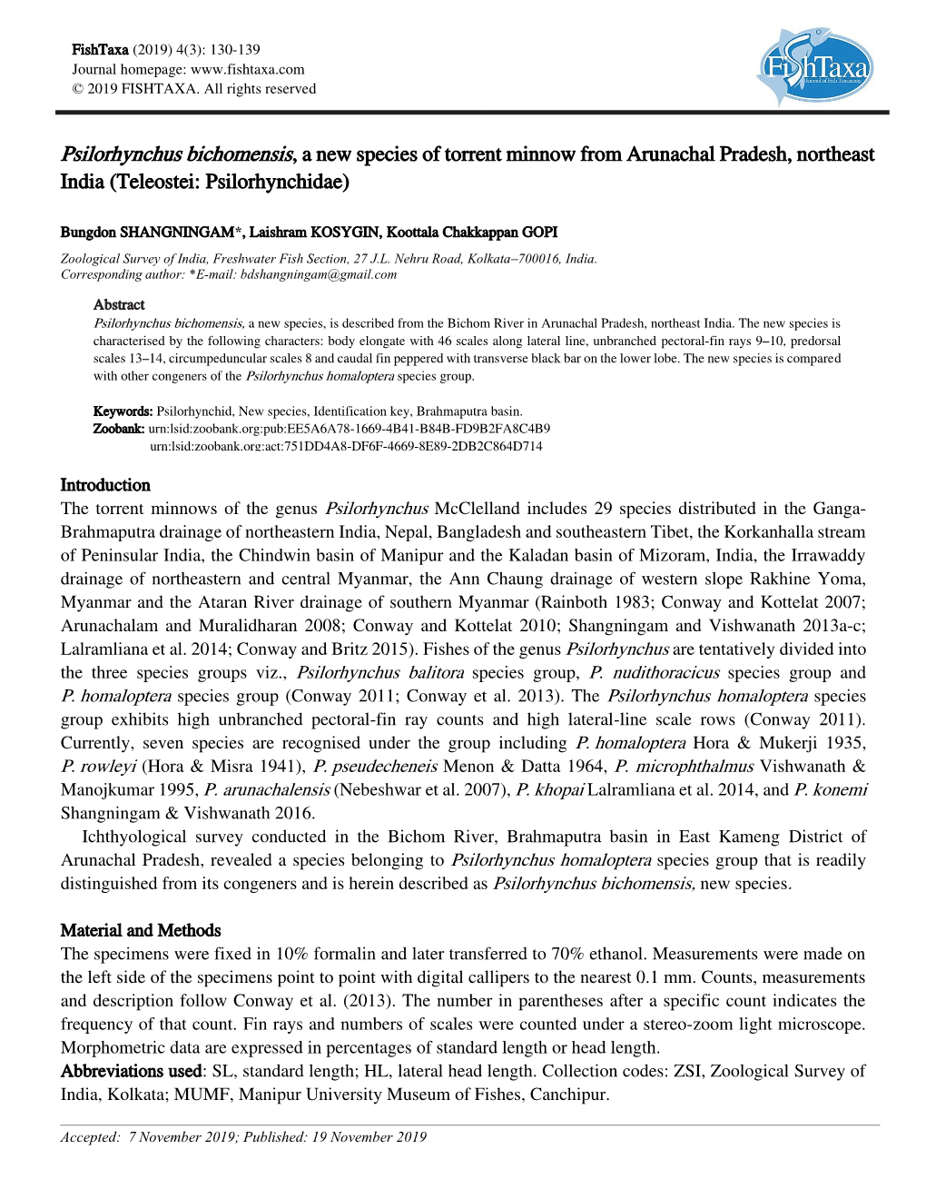 Psilorhynchus Bichomensis, a New Species of Torrent Minnow from Arunachal Pradesh, Northeast India (Teleostei: Psilorhynchidae)