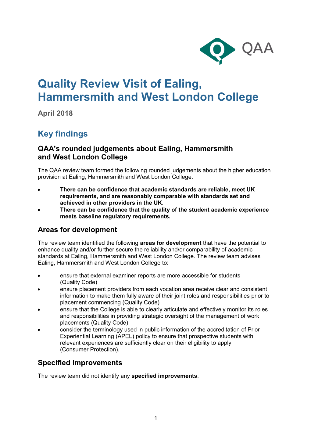 Quality Review Visit: Ealing, Hammersmith and West London College, April 2018